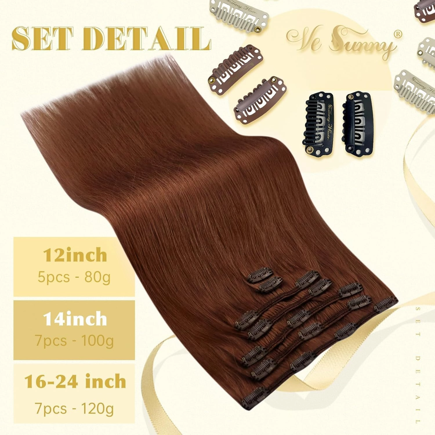 Ve Sunny Human Hair Clip in Extensions Auburn Clip in Hair Extensions Burgundy Auburn Clip in Hair Extensions Human Hair Straight Highlight Personality for Party Comfortable 7pcs 120g 22inch
