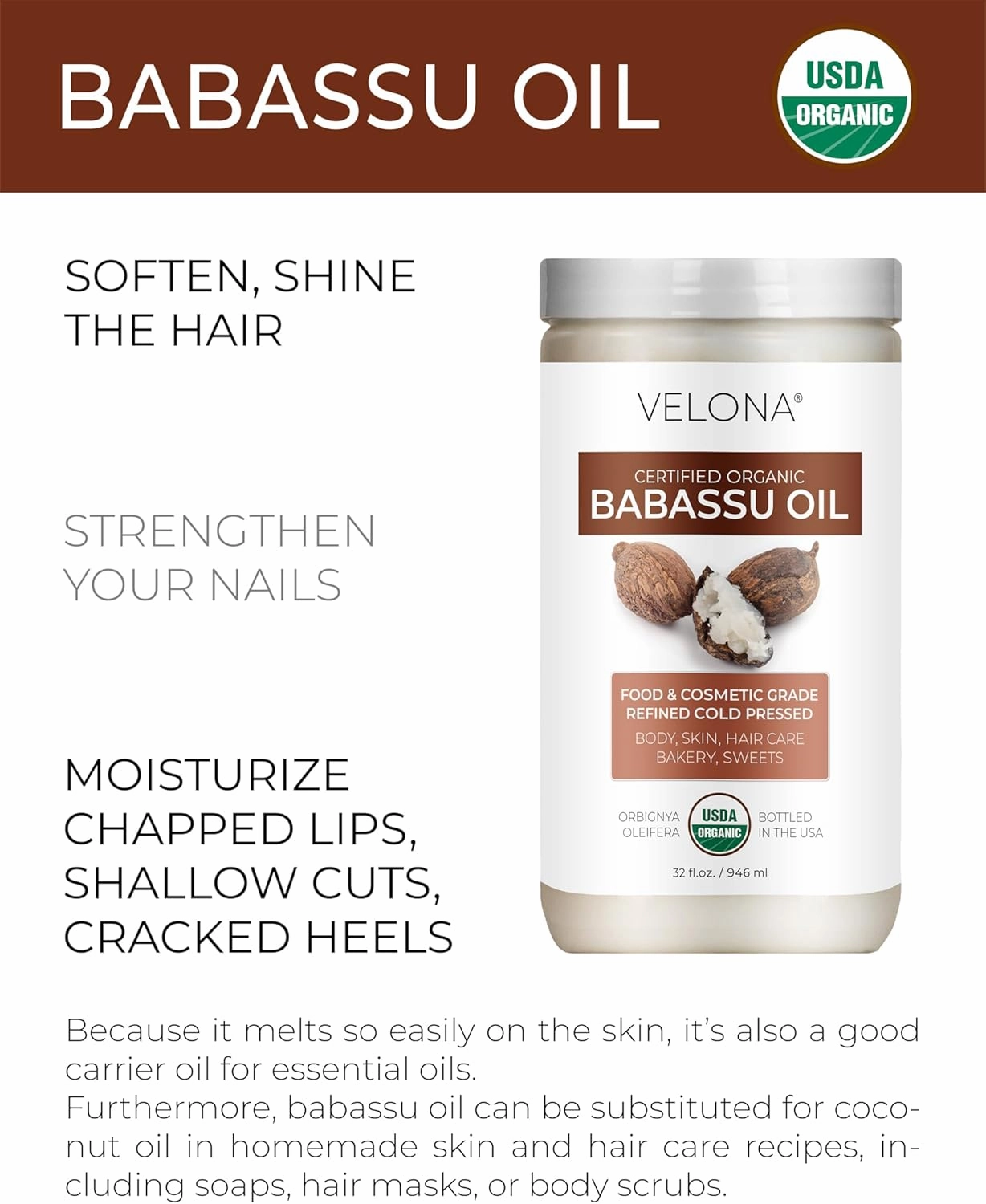 velona Babassu Oil USDA Certified Organic - 64 Fl Oz | 100% Pure and Natural Carrier Oil | Refined, Cold Pressed