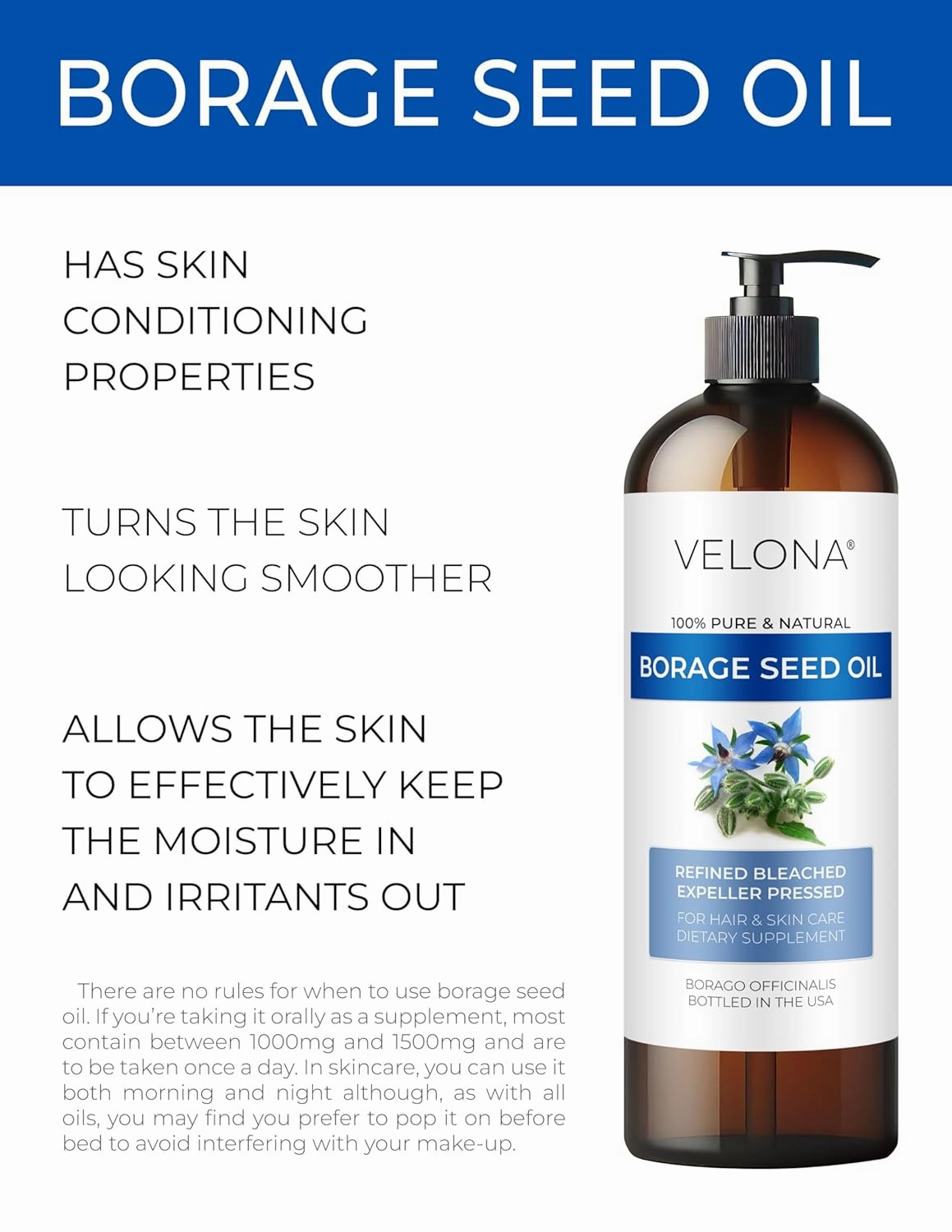 velona Borage Seed Oil 8 Fl Oz | 100% Pure and Natural Carrier Oil | Refined, Expeller pressed | Skin, Face, Body, Hair Care | Use Today - Enjoy Results