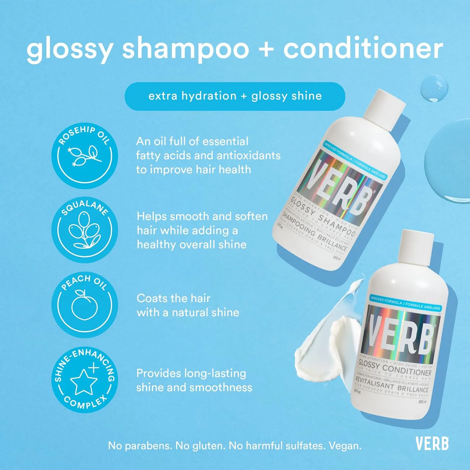 VERB Glossy Shampoo – Adds Moisture   High Shine for Thick to Coarse Hair – Sulfate, Paraben and Gluten Free