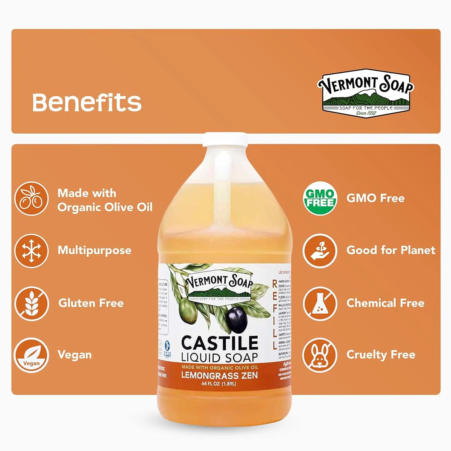 Vermont Castile Lemongrass Zen Soap, Gentle Liquid Soap for Sensitive Skin & Natural Body Wash, Organic Hair Shampoo for Oily Hair, Aloe Castile Soap for Men & Women - 64 Oz