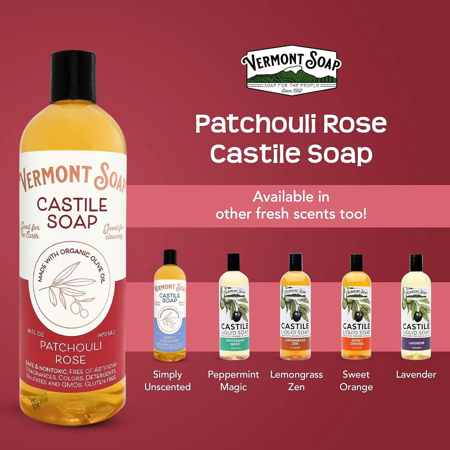 Vermont Castile Soap Patchouli Rose, Gentle Liquid Soap for Sensitive Skin & Natural Body Wash, Organic Hair Shampoo for Oily Hair, Aloe Castile Soap for Men & Women - 16 Oz