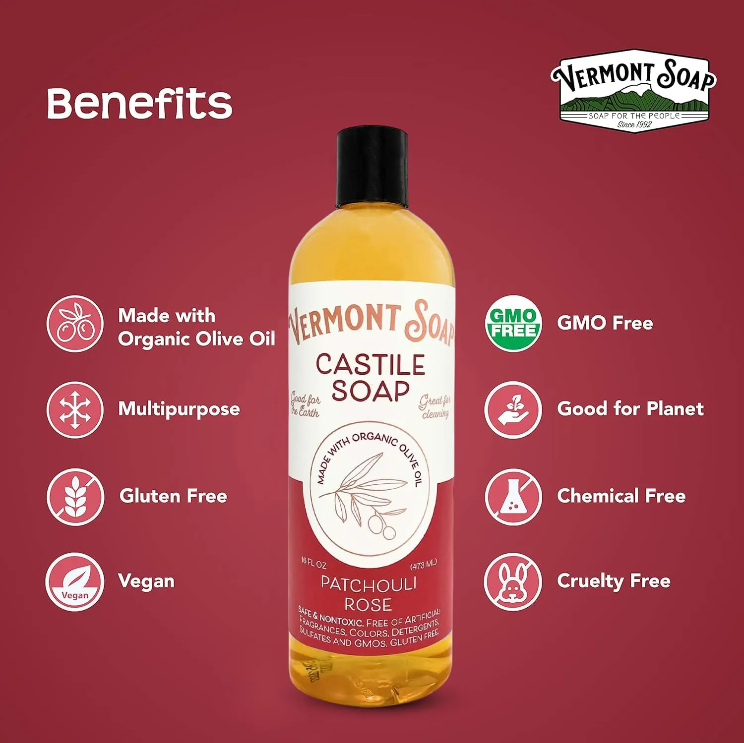 Vermont Castile Soap Patchouli Rose, Gentle Liquid Soap for Sensitive Skin & Natural Body Wash, Organic Hair Shampoo for Oily Hair, Aloe Castile Soap for Men & Women - 16 Oz