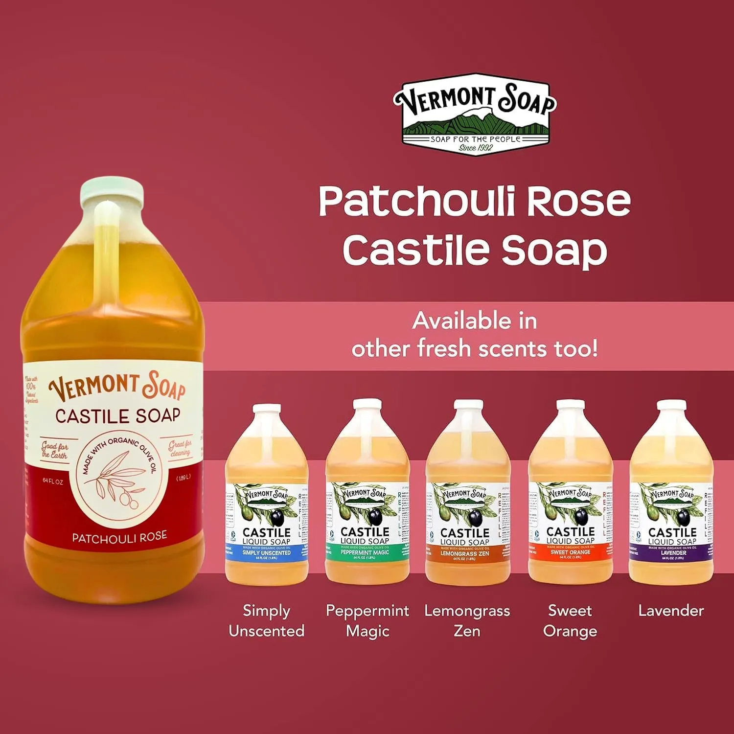 Vermont Castile Soap Patchouli Rose, Gentle Liquid Soap for Sensitive Skin & Natural Body Wash, Organic Hair Shampoo for Oily Hair, Aloe Castile Soap for Men & Women - 64 Oz