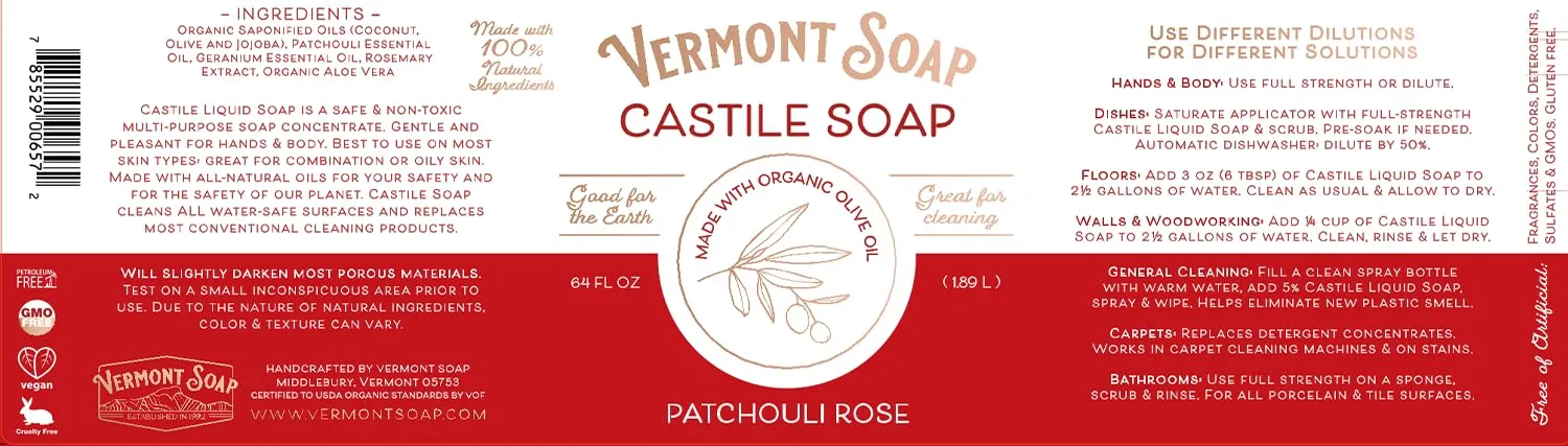 Vermont Castile Soap Patchouli Rose, Gentle Liquid Soap for Sensitive Skin & Natural Body Wash, Organic Hair Shampoo for Oily Hair, Aloe Castile Soap for Men & Women - 64 Oz