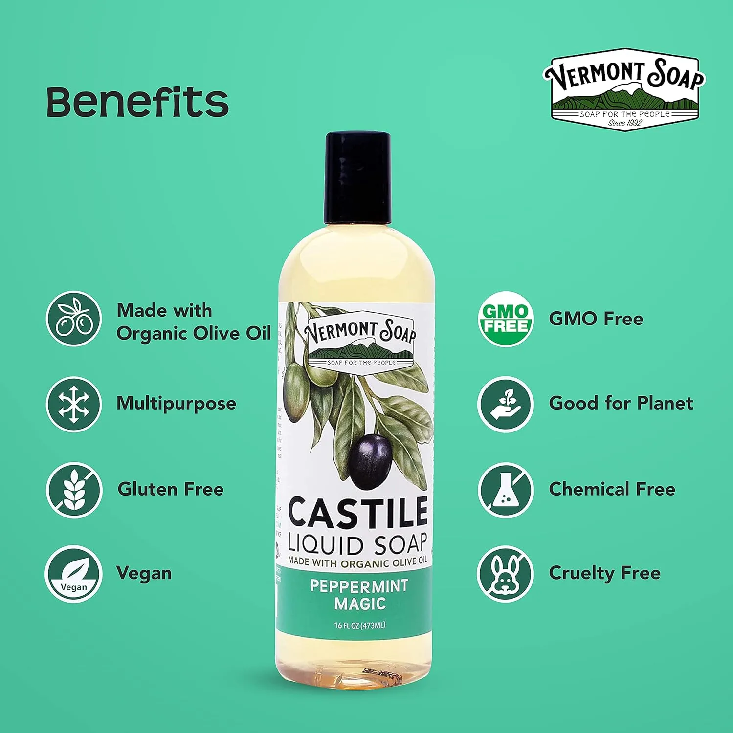 Vermont Castile Soap Peppermint, Gentle Liquid Soap for Sensitive Skin & Natural Body Wash, Organic Hair Shampoo for Oily Hair, Aloe Castile Soap for Men & Women - 16 Oz