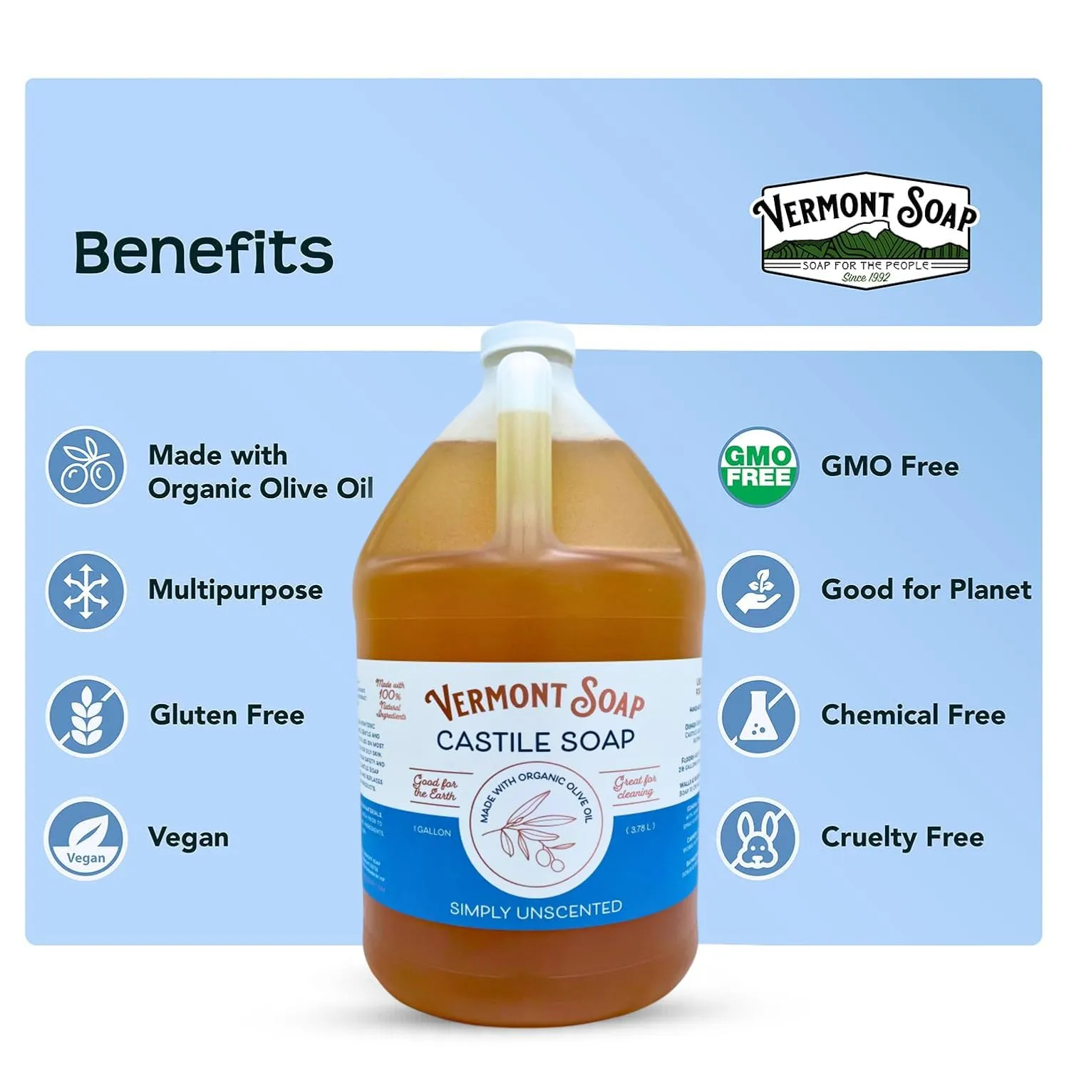 Vermont Castile Soap Unscented, Gentle Liquid Soap for Sensitive Skin & Natural Body Wash, Organic Hair Shampoo for Oily Hair, Aloe Castile Soap for Men & Women - Gallon