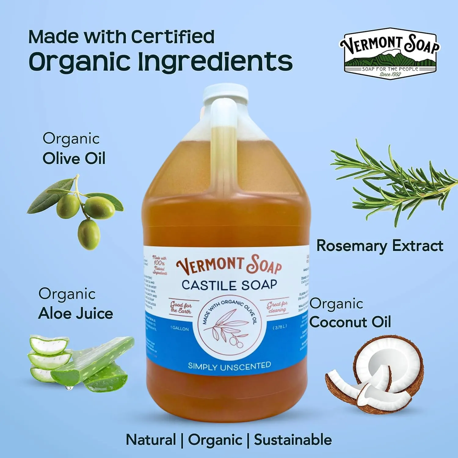 Vermont Castile Soap Unscented, Gentle Liquid Soap for Sensitive Skin & Natural Body Wash, Organic Hair Shampoo for Oily Hair, Aloe Castile Soap for Men & Women - Gallon