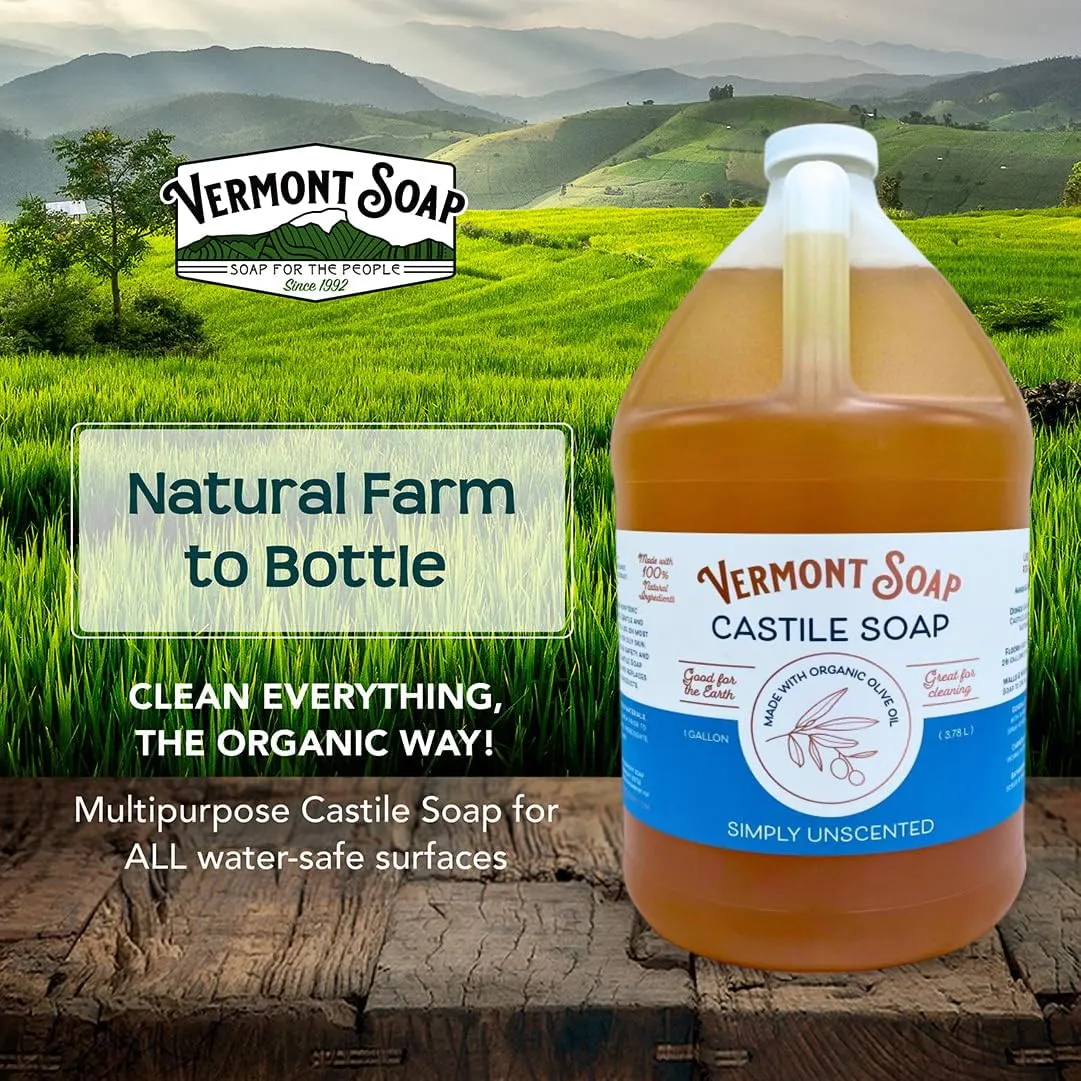 Vermont Castile Soap Unscented, Gentle Liquid Soap for Sensitive Skin & Natural Body Wash, Organic Hair Shampoo for Oily Hair, Aloe Castile Soap for Men & Women - Gallon