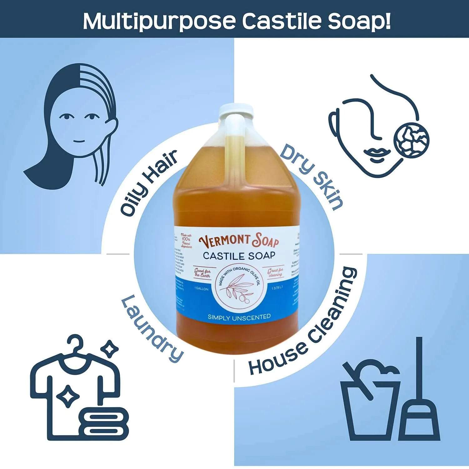 Vermont Castile Soap Unscented, Gentle Liquid Soap for Sensitive Skin & Natural Body Wash, Organic Hair Shampoo for Oily Hair, Aloe Castile Soap for Men & Women - Gallon