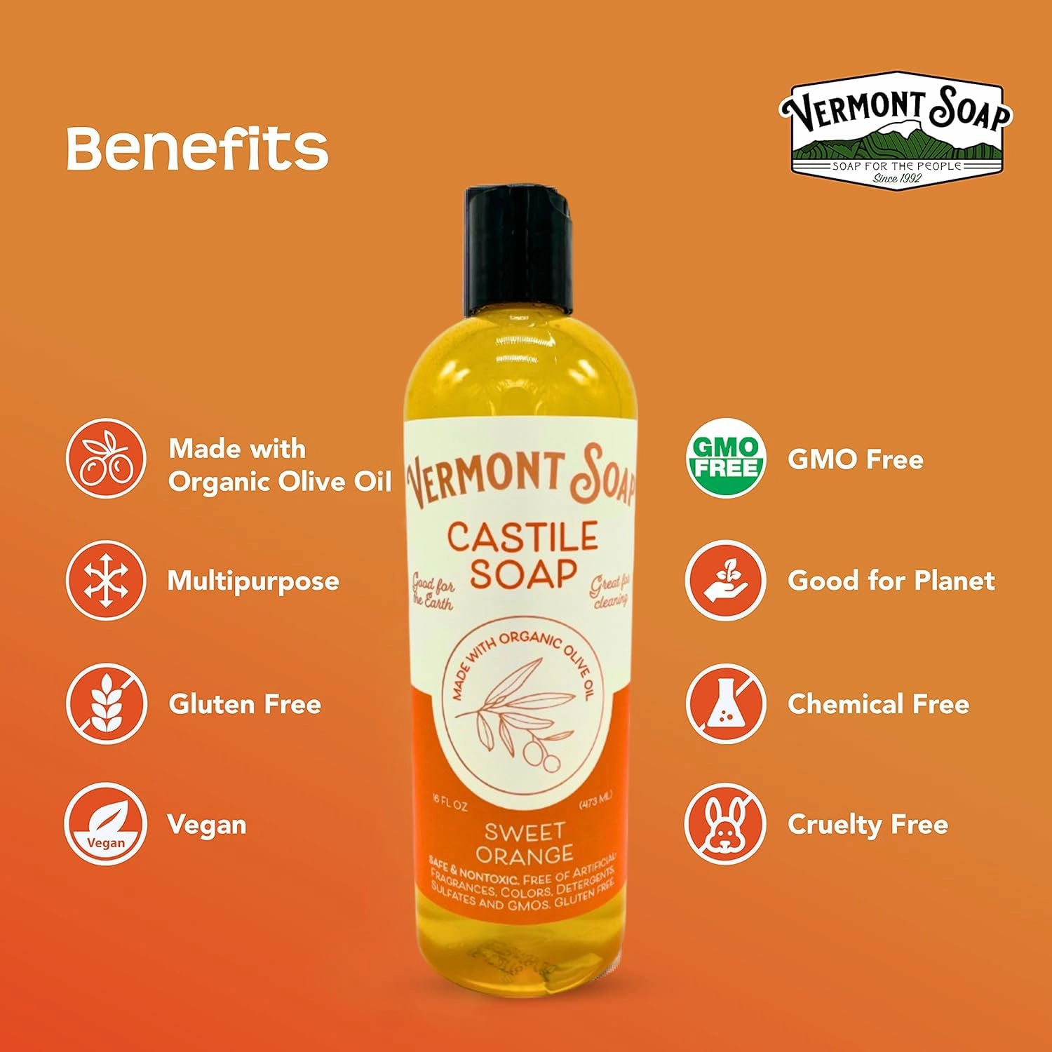 Vermont Orange Castile Soap, Gentle Liquid Soap for Sensitive Skin & Natural Body Wash, Organic Hair Shampoo for Oily Hair, Aloe Castile Soap for Men & Women - 16 Oz
