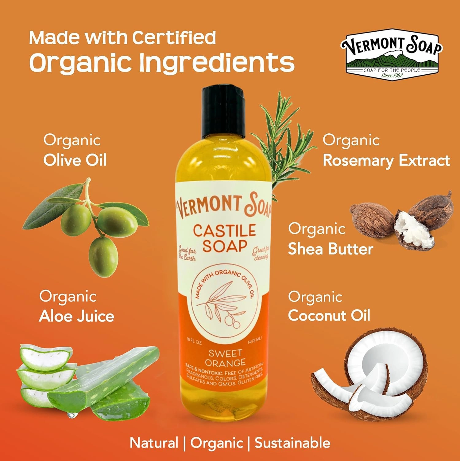 Vermont Orange Castile Soap, Gentle Liquid Soap for Sensitive Skin & Natural Body Wash, Organic Hair Shampoo for Oily Hair, Aloe Castile Soap for Men & Women - 16 Oz