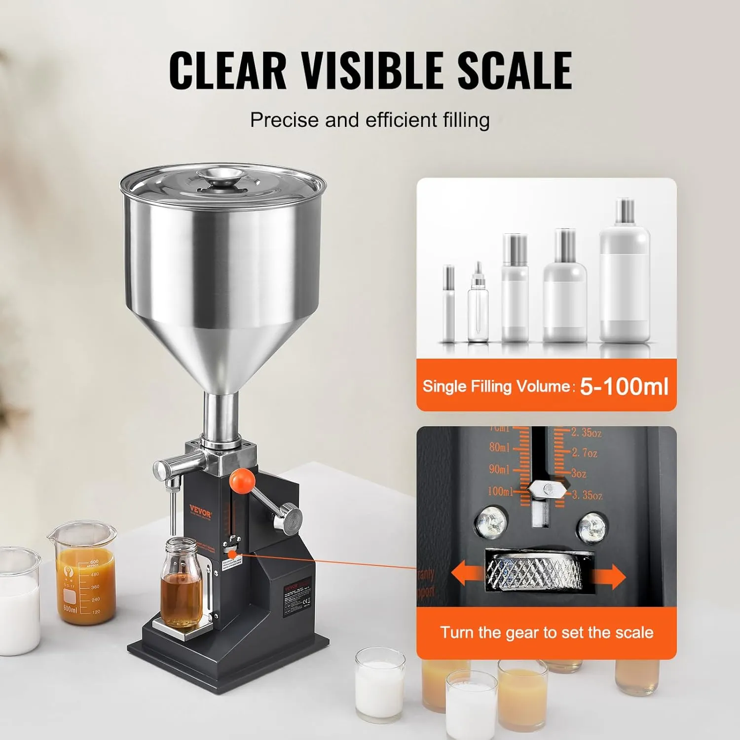 VEVOR A03 Pro Manual Paste Liquid Filling Machine, 5-100ml Adjustable Bottle Filling Machine with 11.5L Hopper for Filling Paste/Cream/Cosmetic/Perfume/Drink/Medicine/Shampoo/Lip Gloss