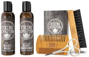 Viking Revolution Beard Brush and Comb Set with Beard Shampoo, Conditioner Kit (5 Oz)