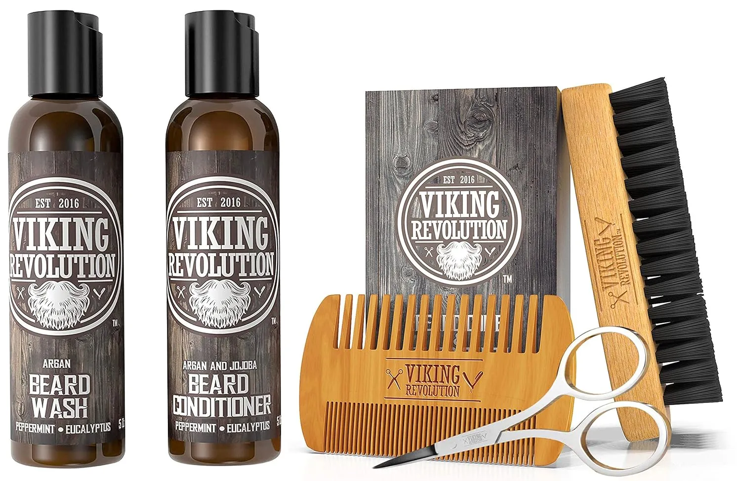 Viking Revolution Beard Brush and Comb Set with Beard Shampoo, Conditioner Kit (5 Oz)
