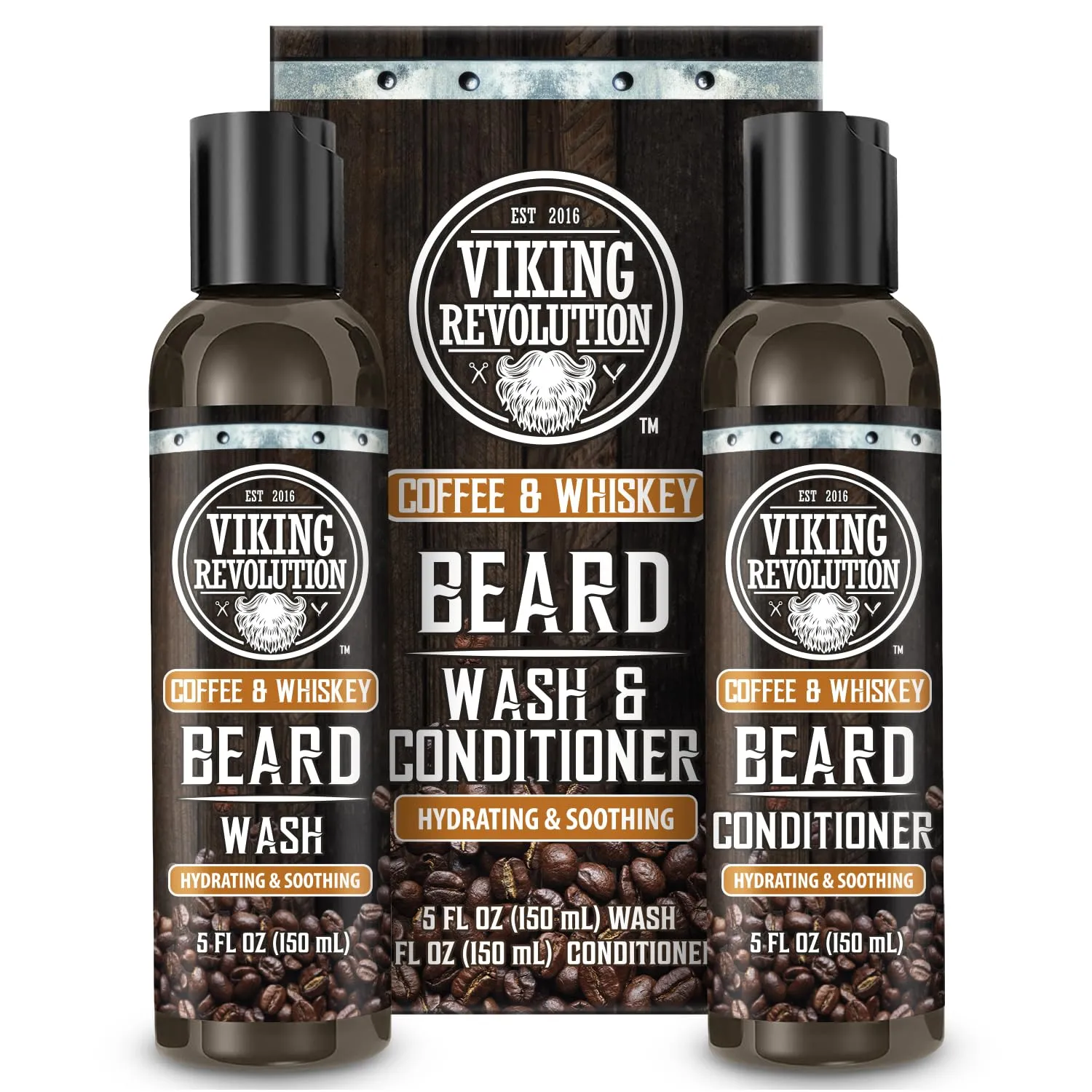 Viking Revolution Beard Wash and Beard Conditioner for Men with Argan Oil and Jojoba Oil- Beard Softener and Strengthener Beard Care Beard Shampoo and Conditioner with Ginseng Root(5oz,Coffee Whiskey)