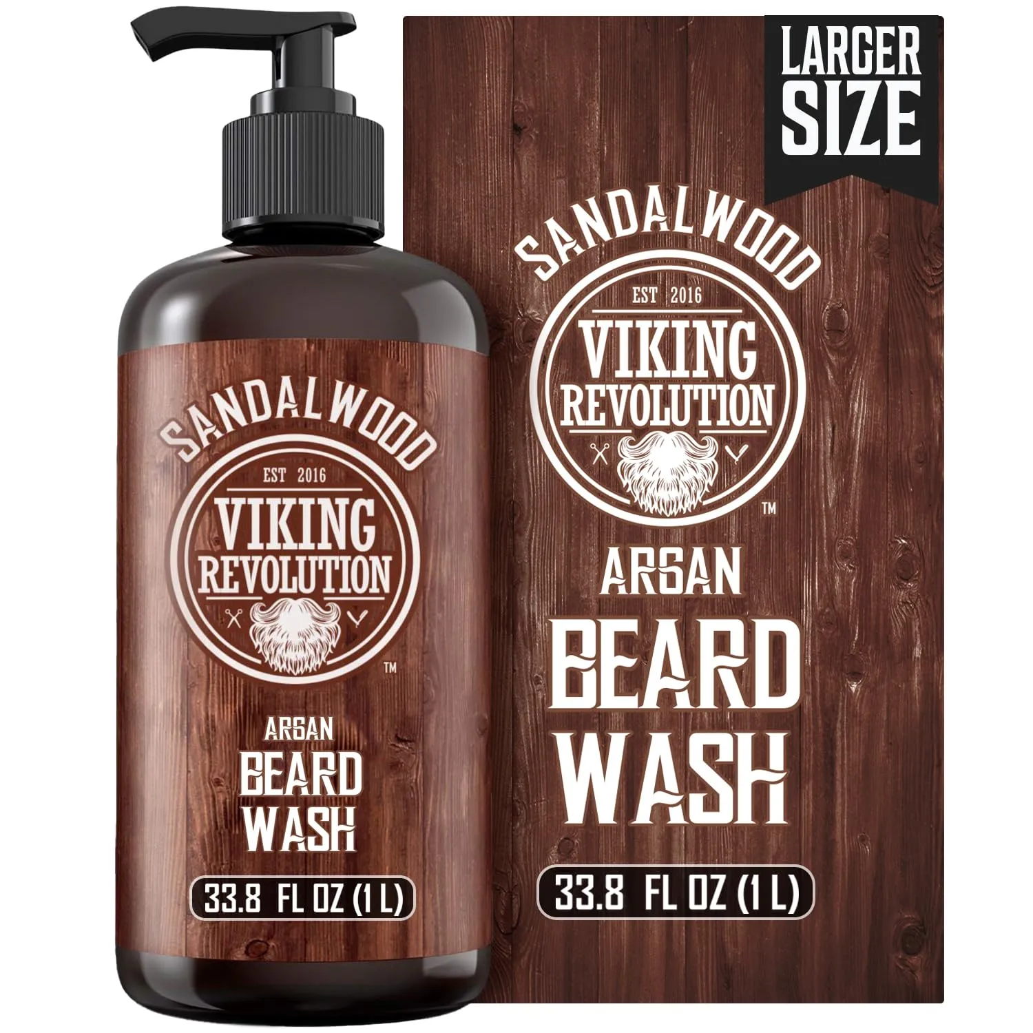 Viking Revolution Sandalwood Beard Wash for Men with Argan Oil - Beard Softener and Strengthener Beard Shampoo with Ginseng, Red Sage, Vitamin B5, Vitamin E - Sandalwood Beard Care (33.8 Fl oz)