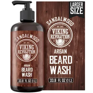 Viking Revolution Sandalwood Beard Wash for Men with Argan Oil - Beard Softener and Strengthener Beard Shampoo with Ginseng, Red Sage, Vitamin B5, Vitamin E - Sandalwood Beard Care (33.8 Fl oz)