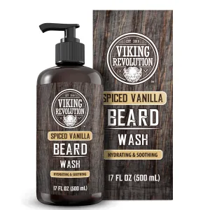 Viking Revolution Spiced Vanilla Beard Wash for Men with Argan Oil and Jojoba Oil - Beard Softener and Strengthener Beard Shampoo with Beard Oil - Beard Care to avoid Beard Dandruff and Itch (17 oz)