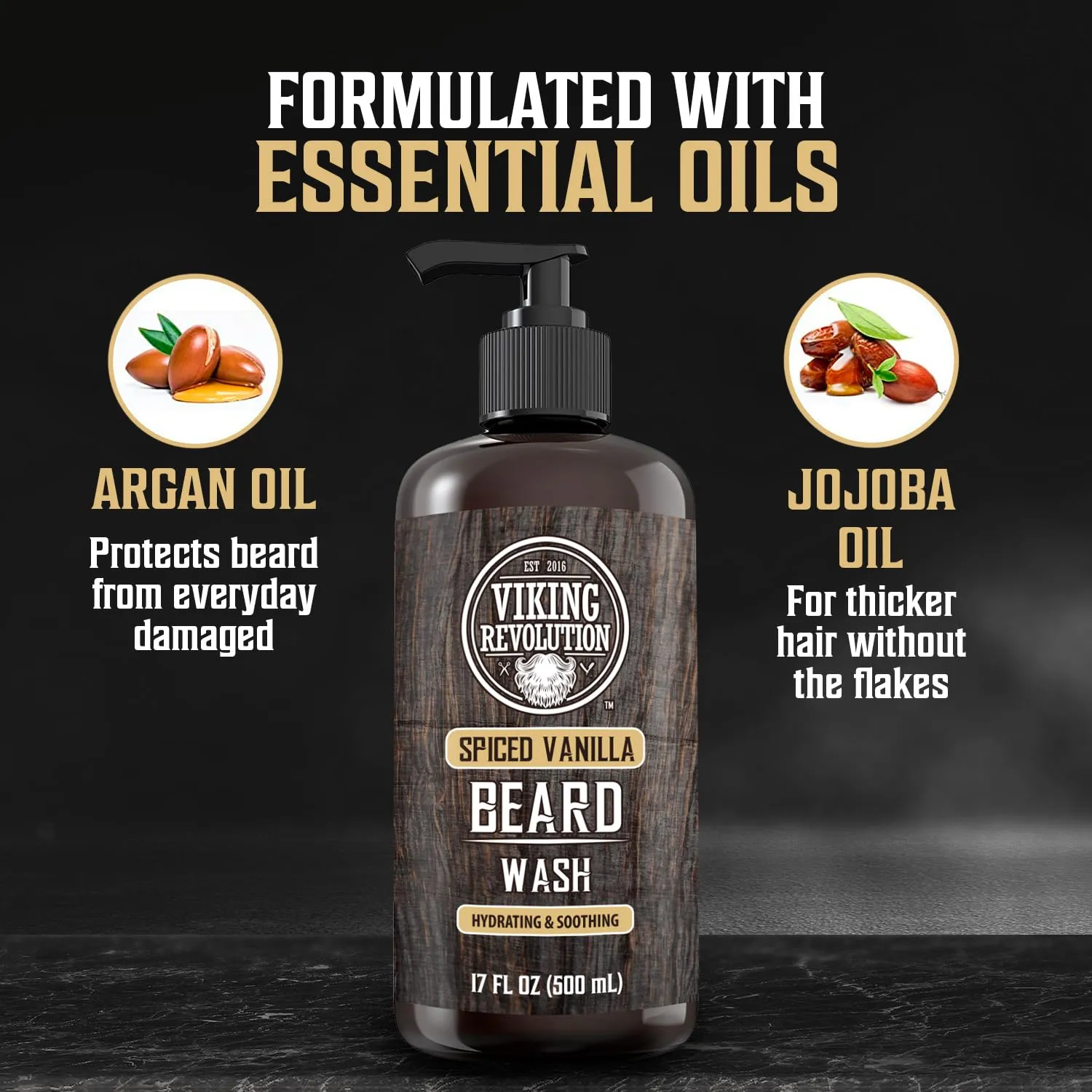 Viking Revolution Spiced Vanilla Beard Wash for Men with Argan Oil and Jojoba Oil - Beard Softener and Strengthener Beard Shampoo with Beard Oil - Beard Care to avoid Beard Dandruff and Itch (17 oz)