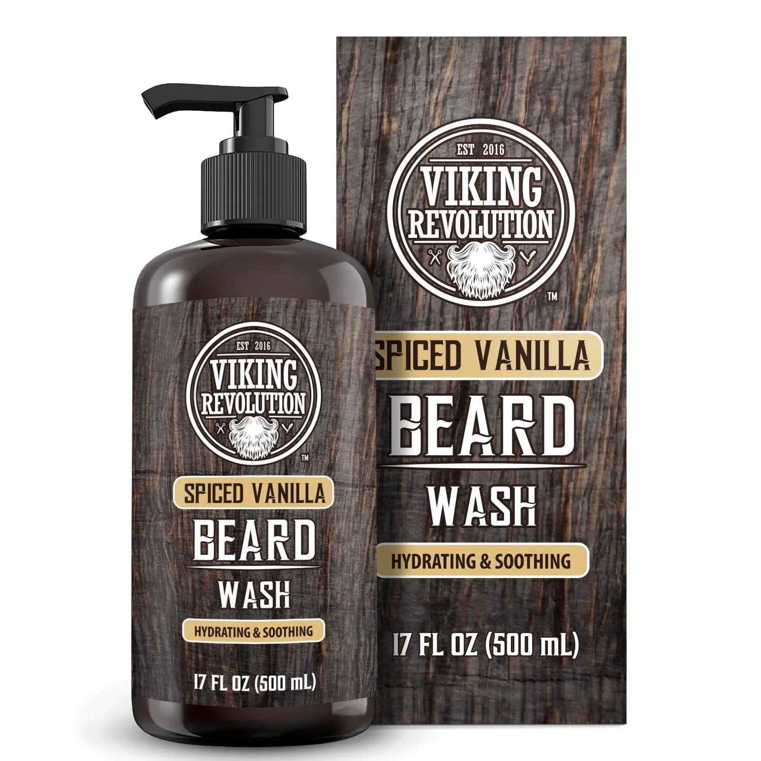 Viking Revolution Spiced Vanilla Beard Wash for Men with Argan Oil and Jojoba Oil - Beard Softener and Strengthener Beard Shampoo with Beard Oil - Beard Care to avoid Beard Dandruff and Itch (17 oz)
