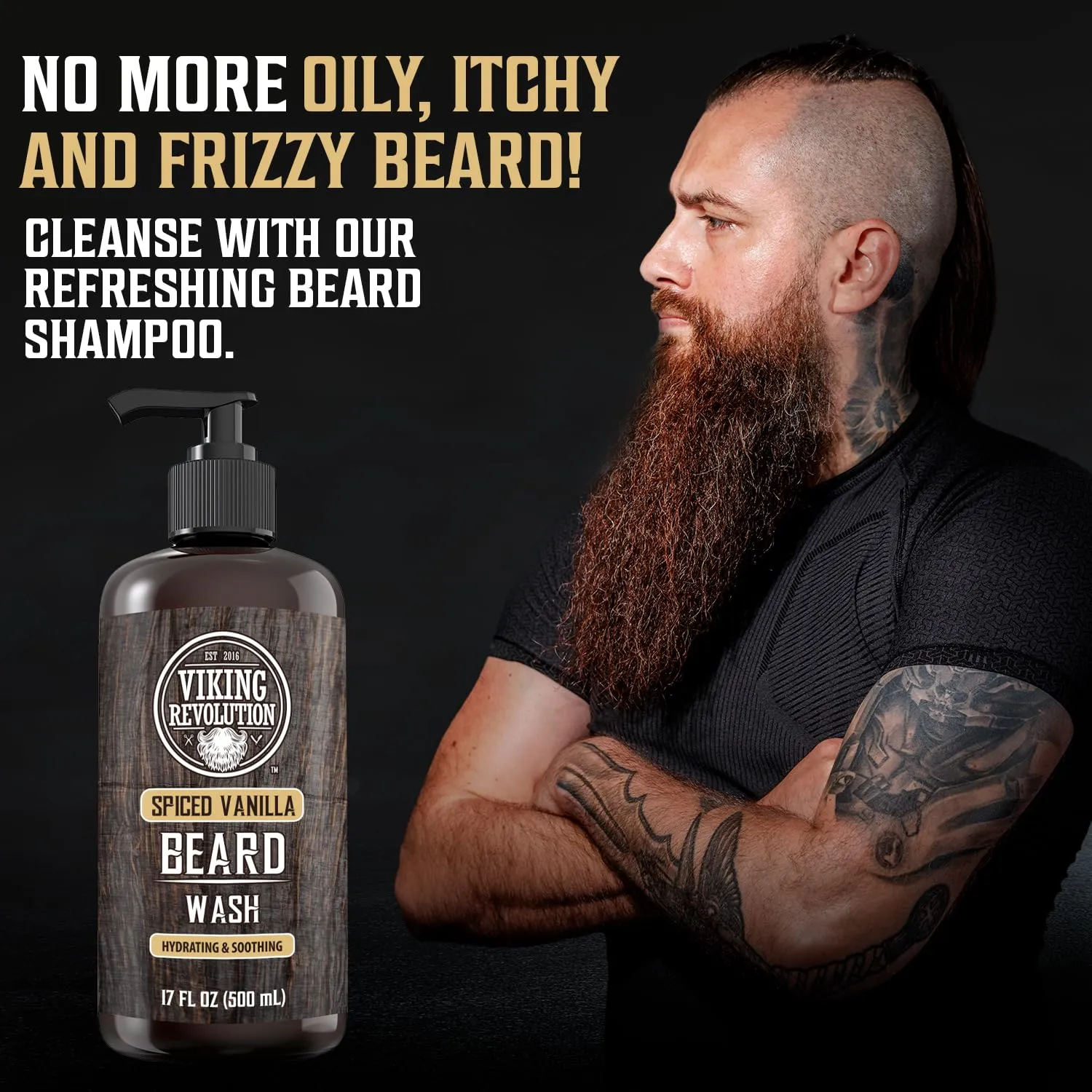 Viking Revolution Spiced Vanilla Beard Wash for Men with Argan Oil and Jojoba Oil - Beard Softener and Strengthener Beard Shampoo with Beard Oil - Beard Care to avoid Beard Dandruff and Itch (17 oz)