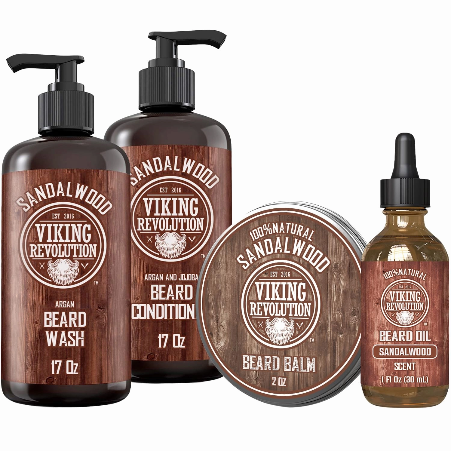 Viking Revolution Sandalwood Beard Wash and Beard Conditioner for Men (17 Oz each), Sandalwood Beard Balm (2 Oz) and Beard Oil (1 Fl Oz) - Beard Care Softener and Strengthener