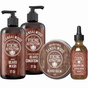 Viking Revolution Sandalwood Beard Wash and Beard Conditioner for Men (17 Oz each), Sandalwood Beard Balm (2 Oz) and Beard Oil (1 Fl Oz) - Beard Care Softener and Strengthener