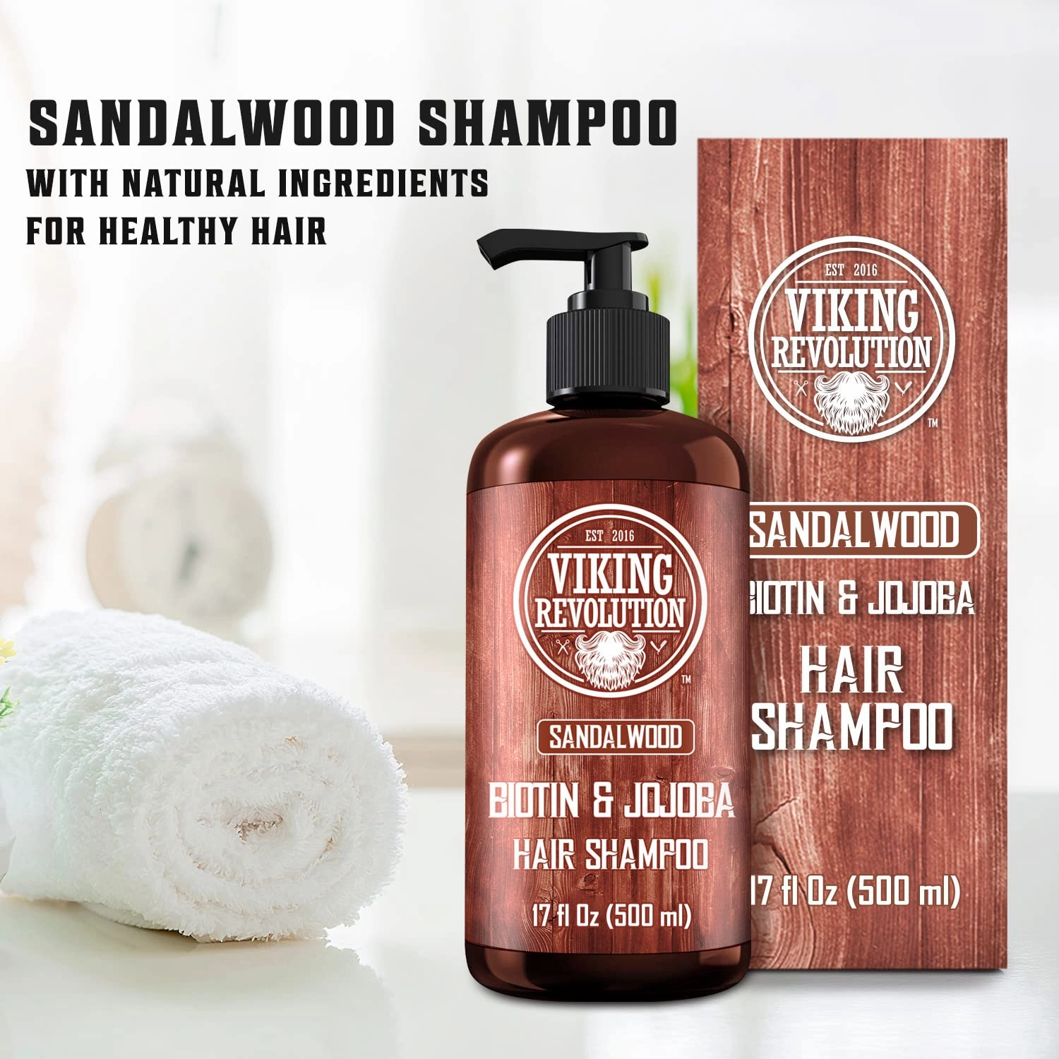 Viking Revolution Sandalwood Men's Shampoo with Biotin and Jojoba Oil - Natural Hair Shampoo for Men with Vitamin B5 and Hair Loss Thinning Hair Treatment (17 Oz)