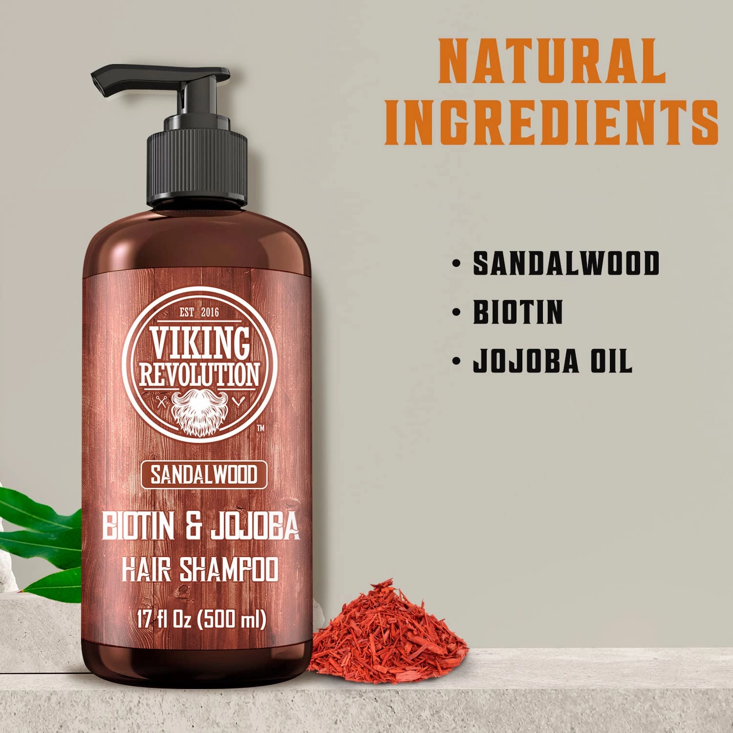 Viking Revolution Sandalwood Men's Shampoo with Biotin and Jojoba Oil - Natural Hair Shampoo for Men with Vitamin B5 and Hair Loss Thinning Hair Treatment (17 Oz)