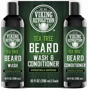 Viking Revolution Tea Tree Oil Beard Wash and Beard Conditioner For Men - Natural Beard Softener Set with Argan Oil, Vitamin E and Ginseng - Tea Tree Beard Shampoo and Conditioner Set (10 Oz)