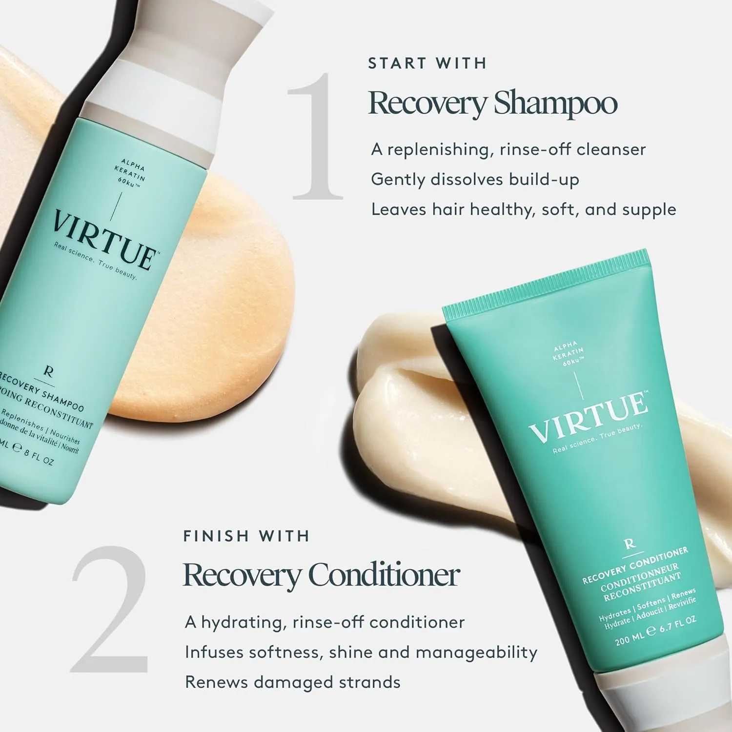 VIRTUE Recovery Sulfate Free Shampoo and Conditioner Set with Keratin and Baobab Seed Oil for Damaged Hair, Travel Size