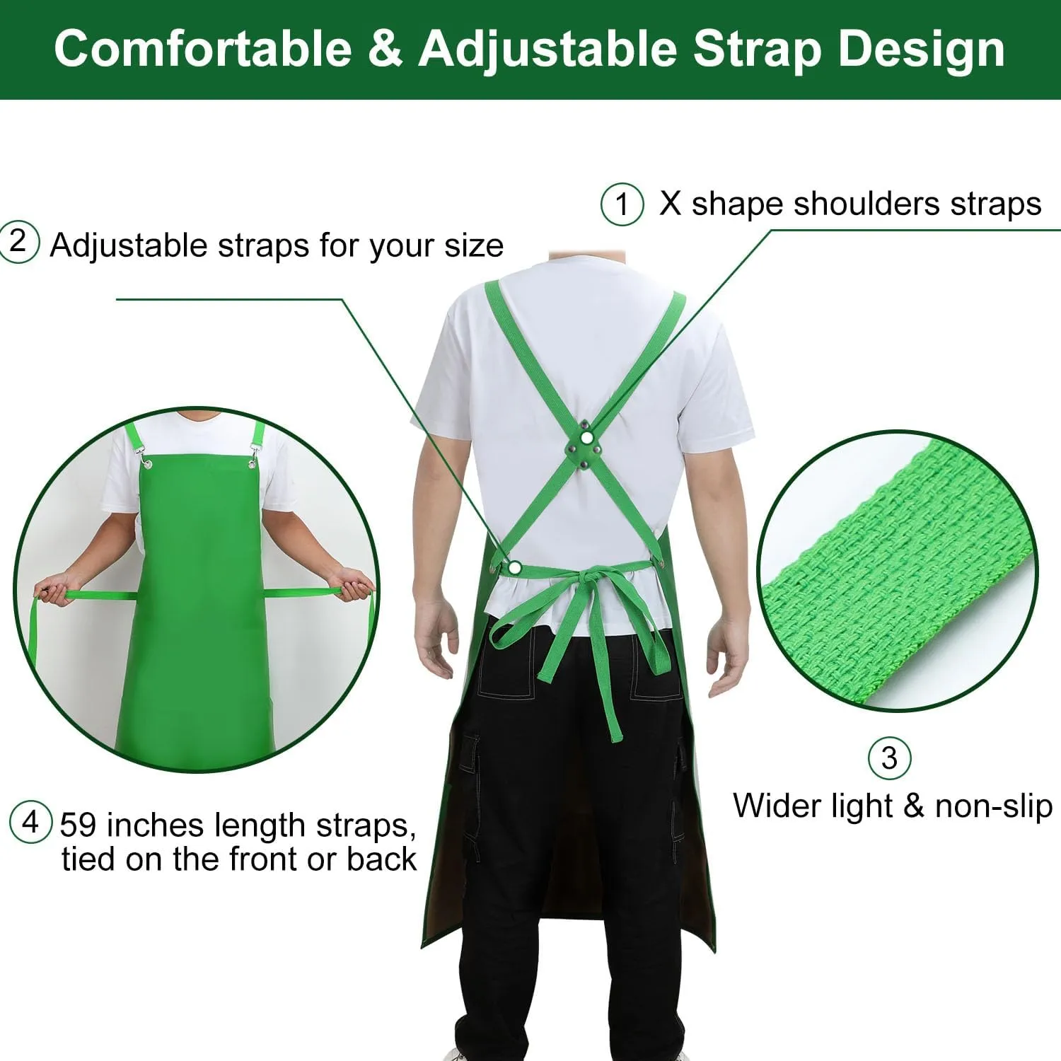Waterproof Aprons for Men, 43" Long PU Rubber Heavy Duty Apron with Adjustable X-Strap for Dishwasher, Butcher, Dog Grooming, Lab Chemical Work (Green)