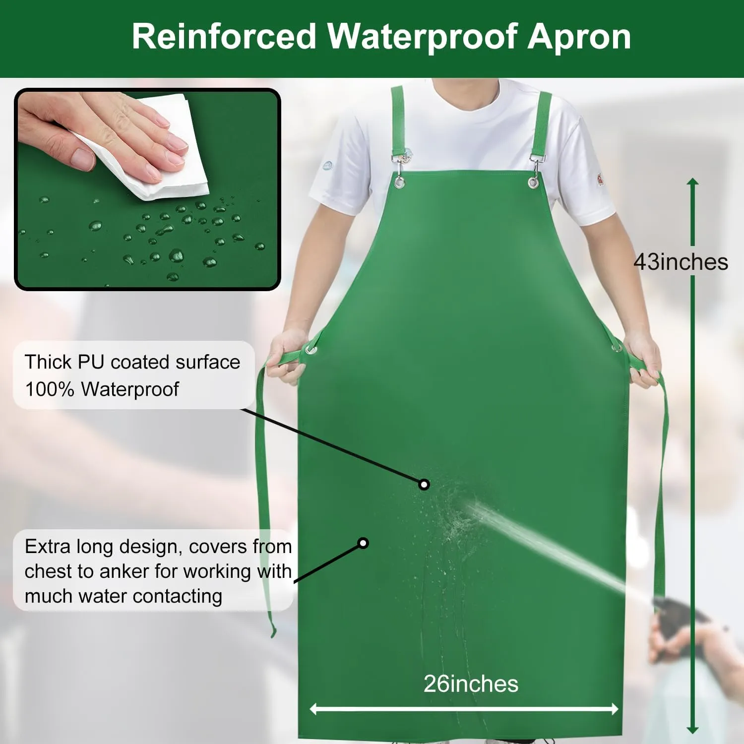 Waterproof Aprons for Men, 43" Long PU Rubber Heavy Duty Apron with Adjustable X-Strap for Dishwasher, Butcher, Dog Grooming, Lab Chemical Work (Green)