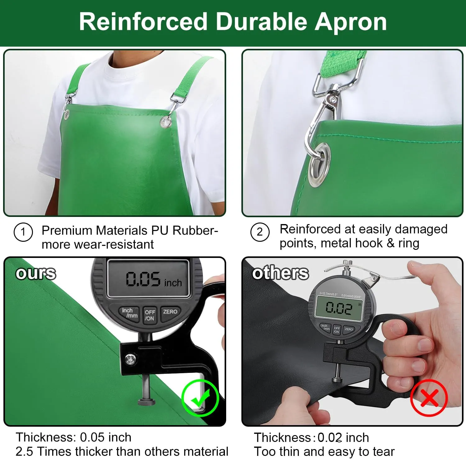 Waterproof Aprons for Men, 43" Long PU Rubber Heavy Duty Apron with Adjustable X-Strap for Dishwasher, Butcher, Dog Grooming, Lab Chemical Work (Green)