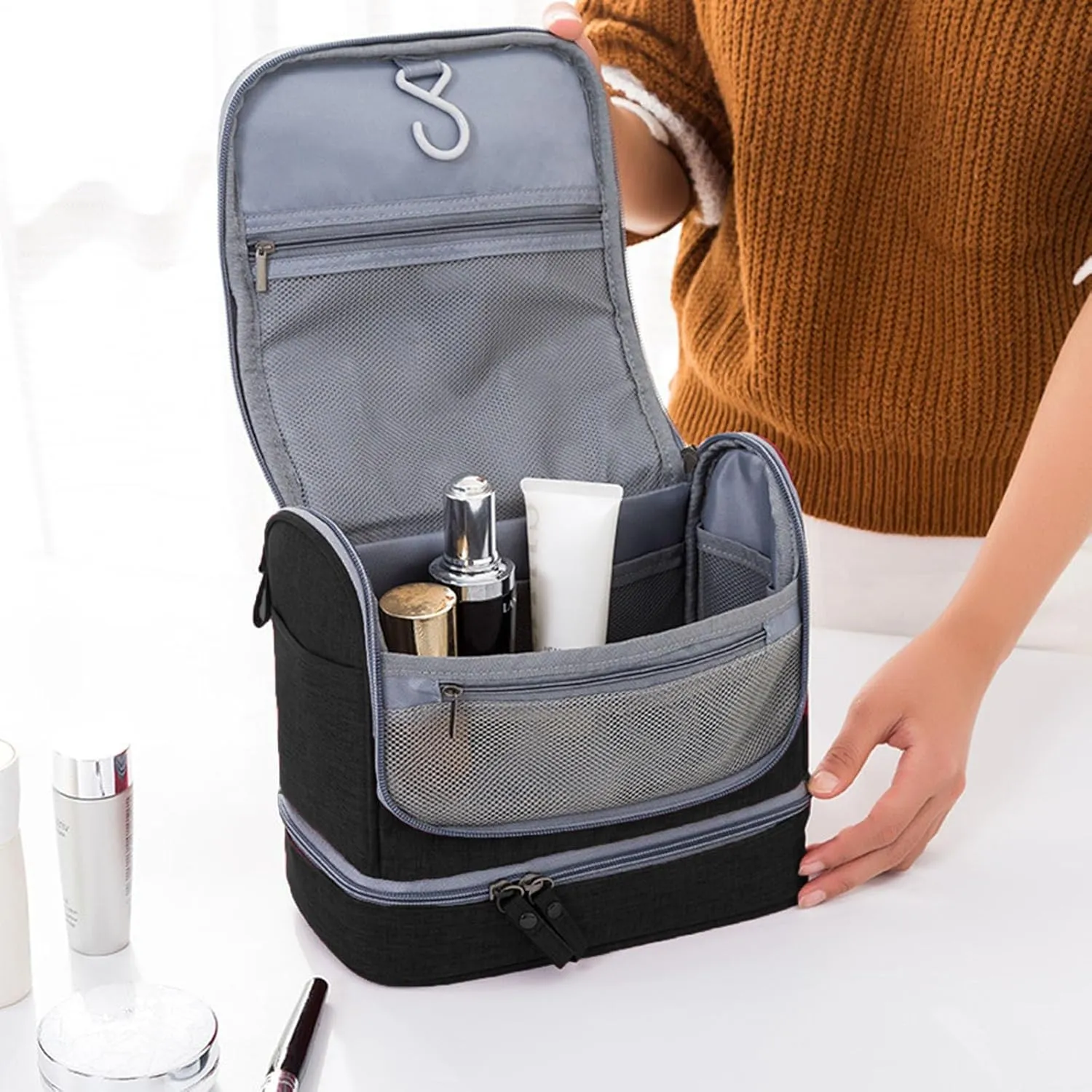 Waterproof Travel Toiletry Bag with Dry Wet Separation Hanging Organizer 8.2" H x 6.6" L Portable Shower Gym Essentials Storage (Black)