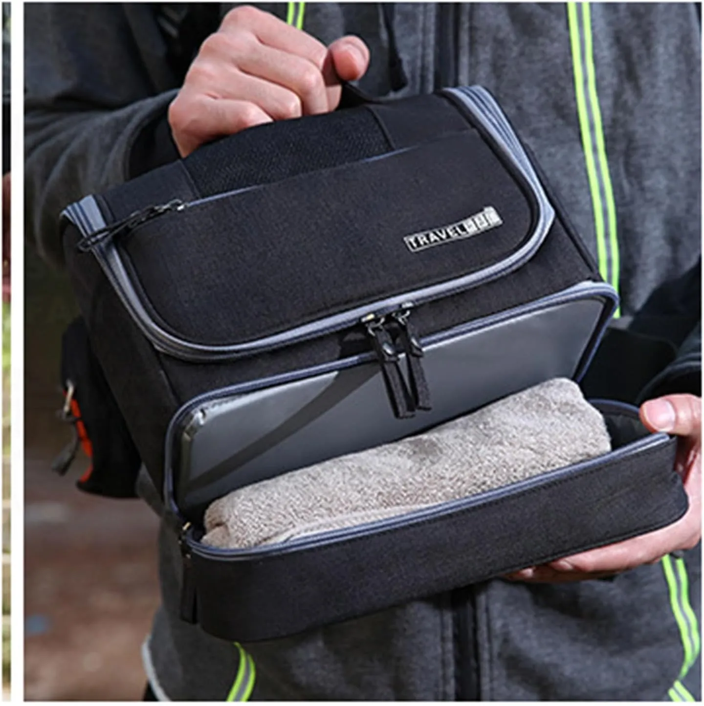 Waterproof Travel Toiletry Bag with Dry Wet Separation Hanging Organizer 8.2" H x 6.6" L Portable Shower Gym Essentials Storage (Black)