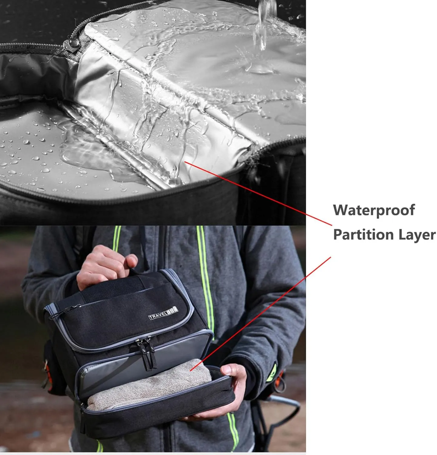 Waterproof Travel Toiletry Bag with Dry Wet Separation Hanging Organizer 8.2" H x 6.6" L Portable Shower Gym Essentials Storage (Black)