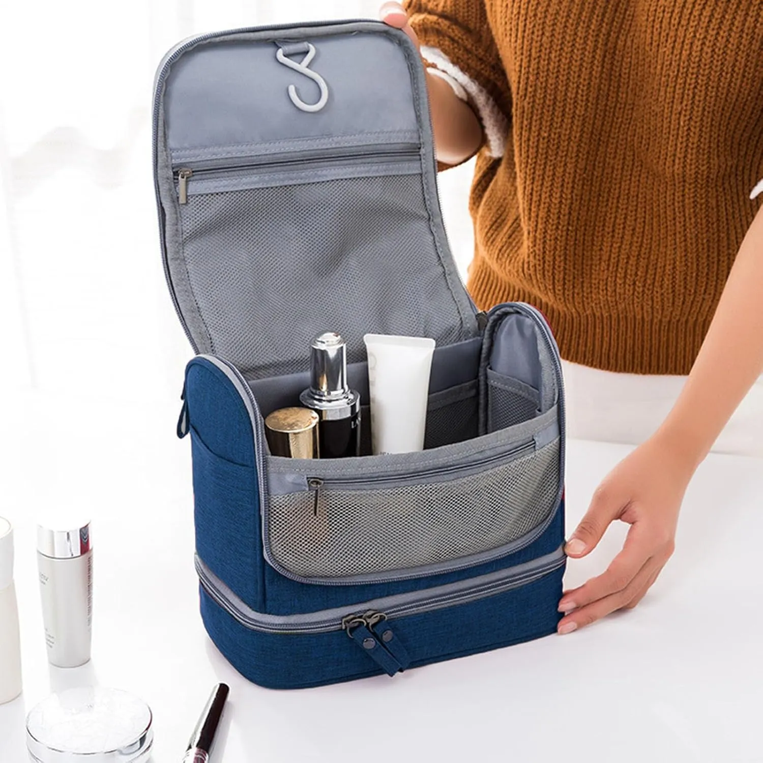 Waterproof Travel Toiletry Bag with Dry Wet Separation Hanging Organizer 8.2" H x 6.6" L Portable Shower Gym Essentials Storage (Dark Blue)