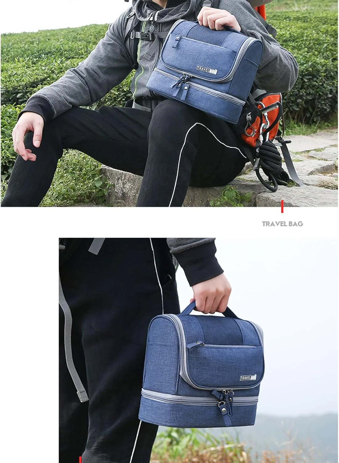 Waterproof Travel Toiletry Bag with Dry Wet Separation Hanging Organizer 8.2" H x 6.6" L Portable Shower Gym Essentials Storage (Dark Blue)