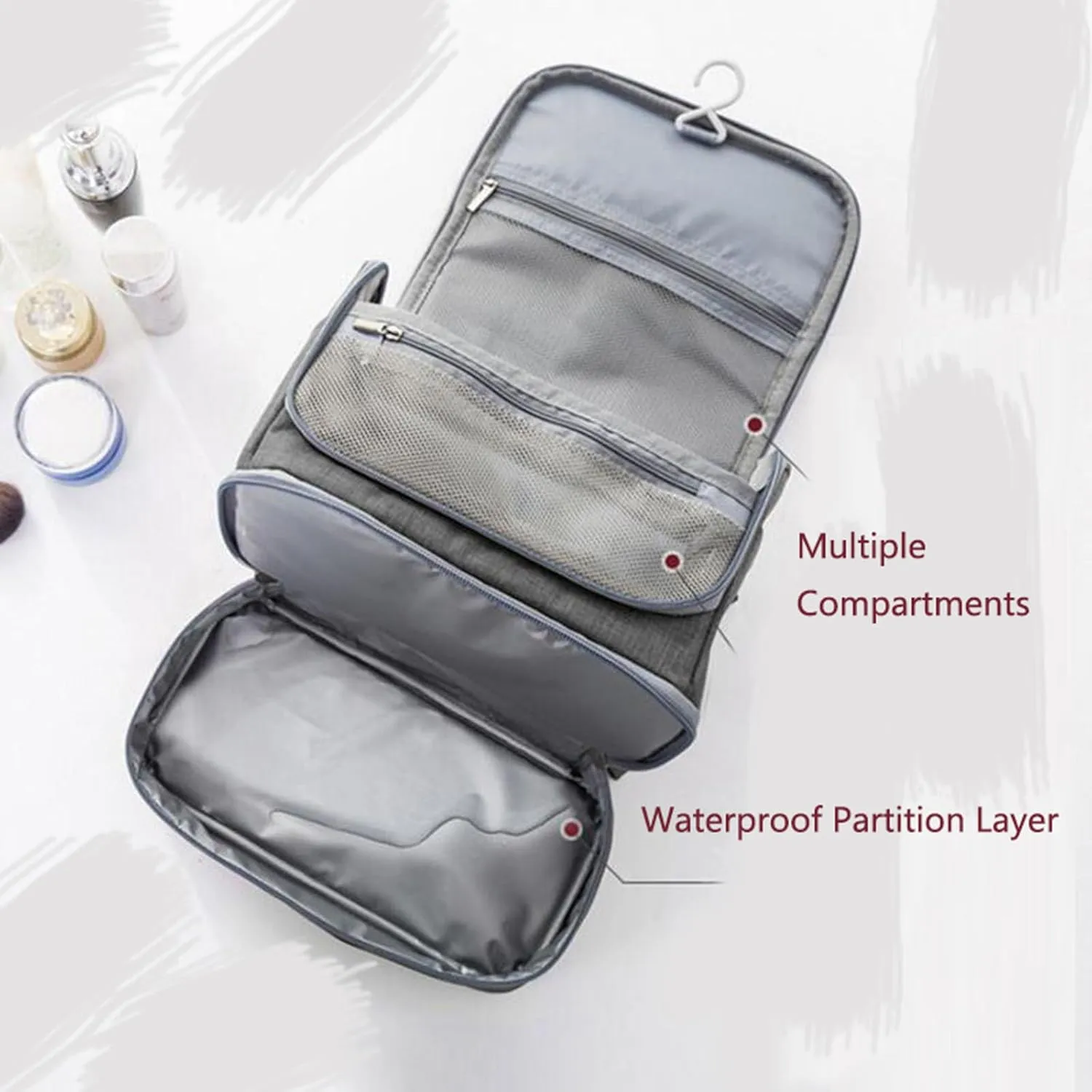 Waterproof Travel Toiletry Bag with Dry Wet Separation Hanging Organizer 8.2" H x 6.6" L Portable Shower Gym Essentials Storage (Grey)