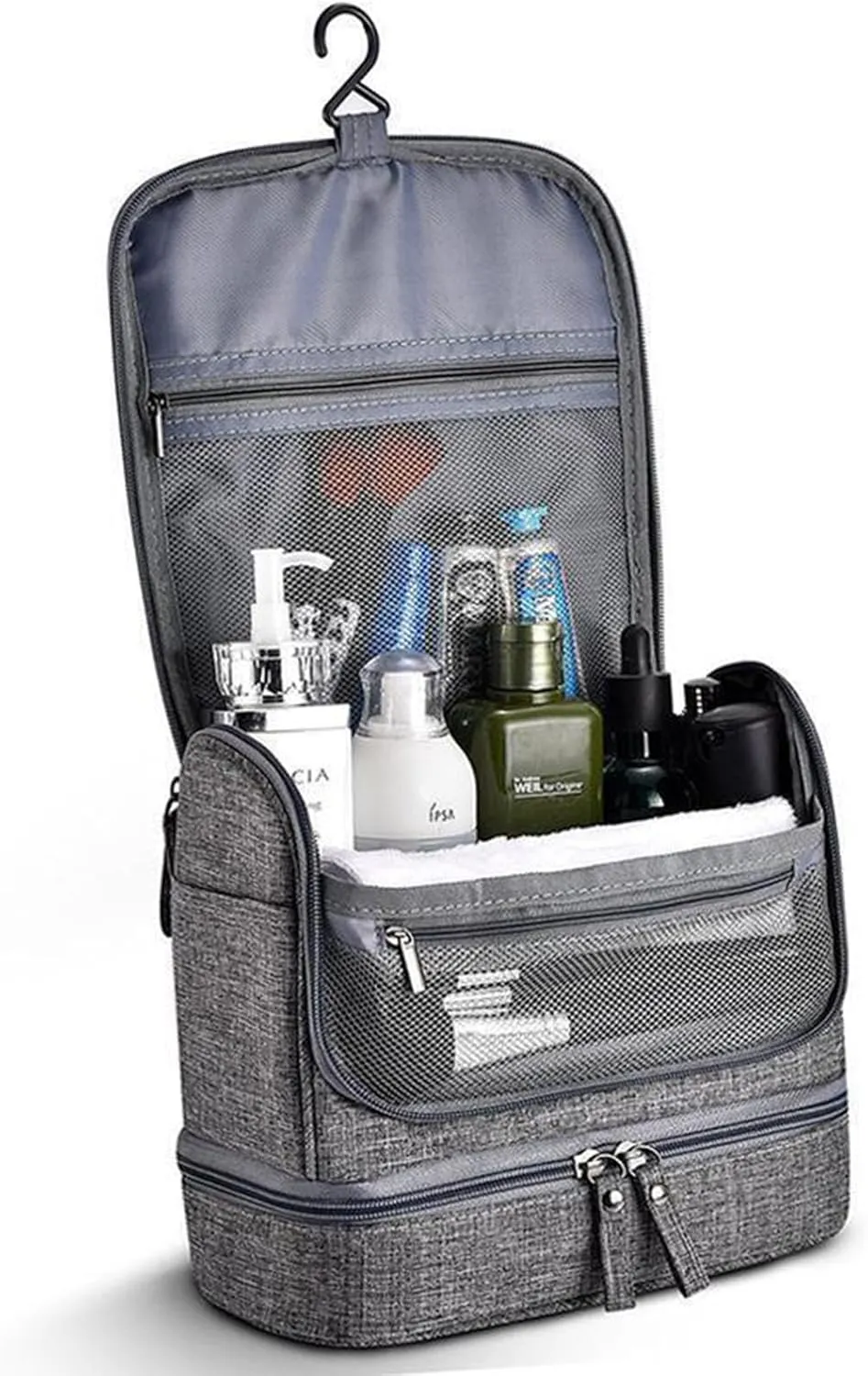 Waterproof Travel Toiletry Bag with Dry Wet Separation Hanging Organizer 8.2" H x 6.6" L Portable Shower Gym Essentials Storage (Grey)