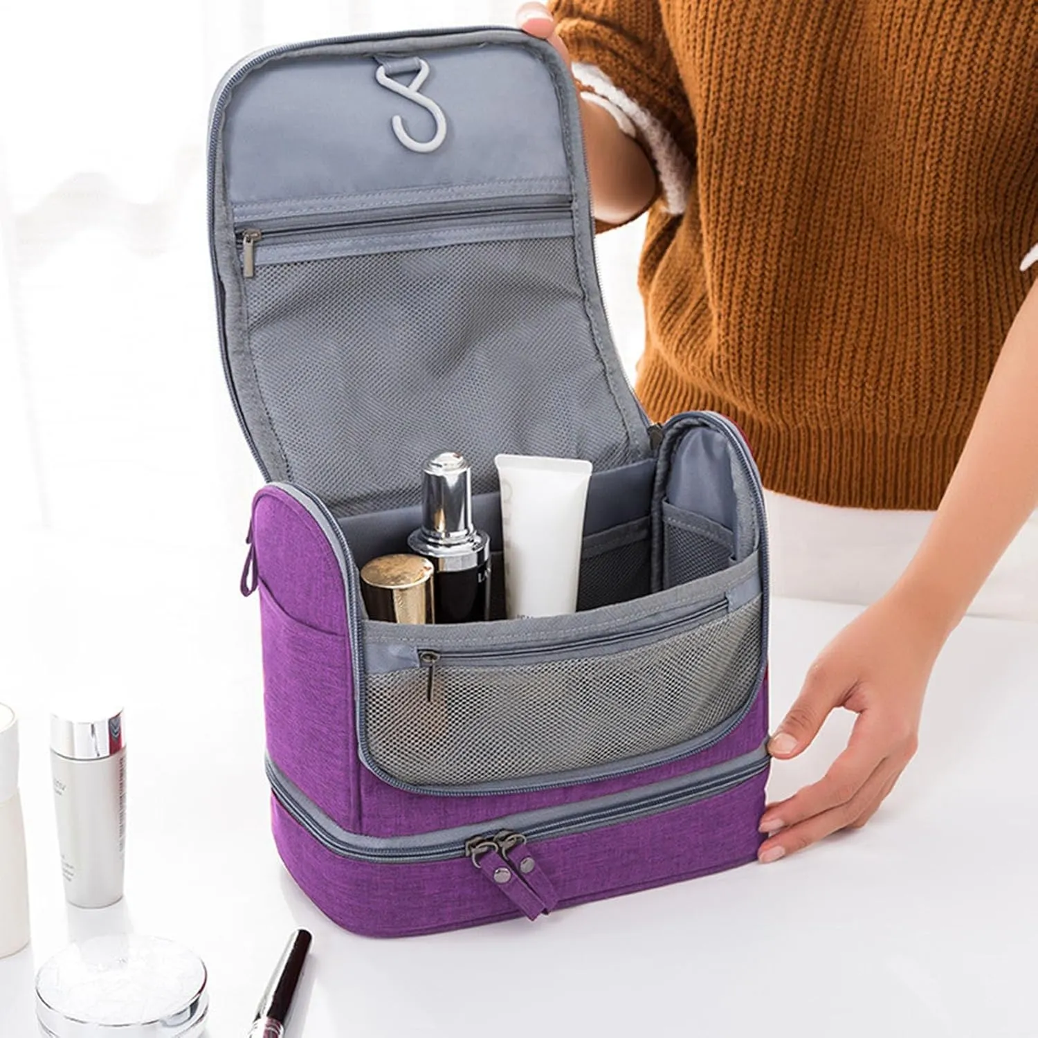 Waterproof Travel Toiletry Bag with Dry Wet Separation Hanging Organizer 8.2" H x 6.6" L Portable Shower Gym Essentials Storage (Purple)