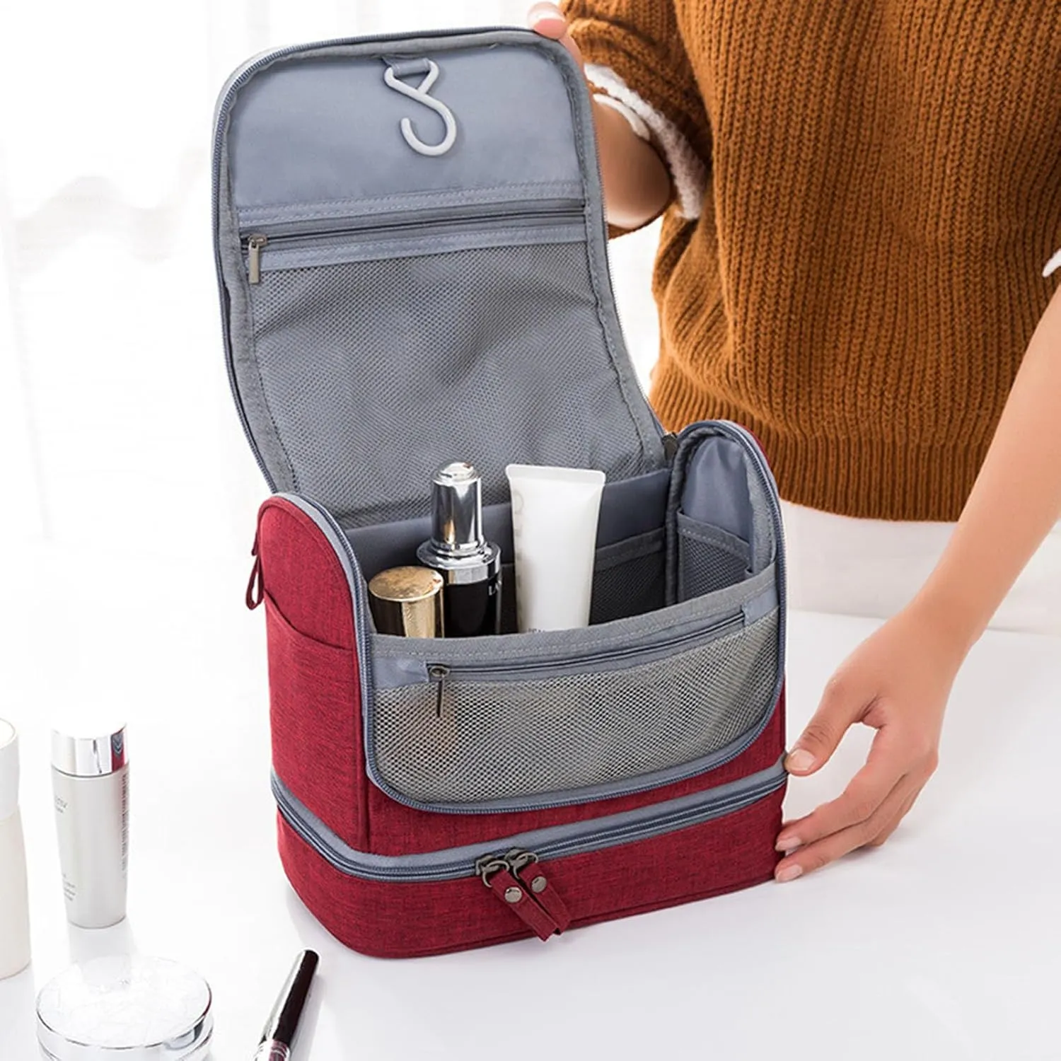 Waterproof Travel Toiletry Bag with Dry Wet Separation Hanging Organizer 8.2" H x 6.6" L Portable Shower Gym Essentials Storage (Red)