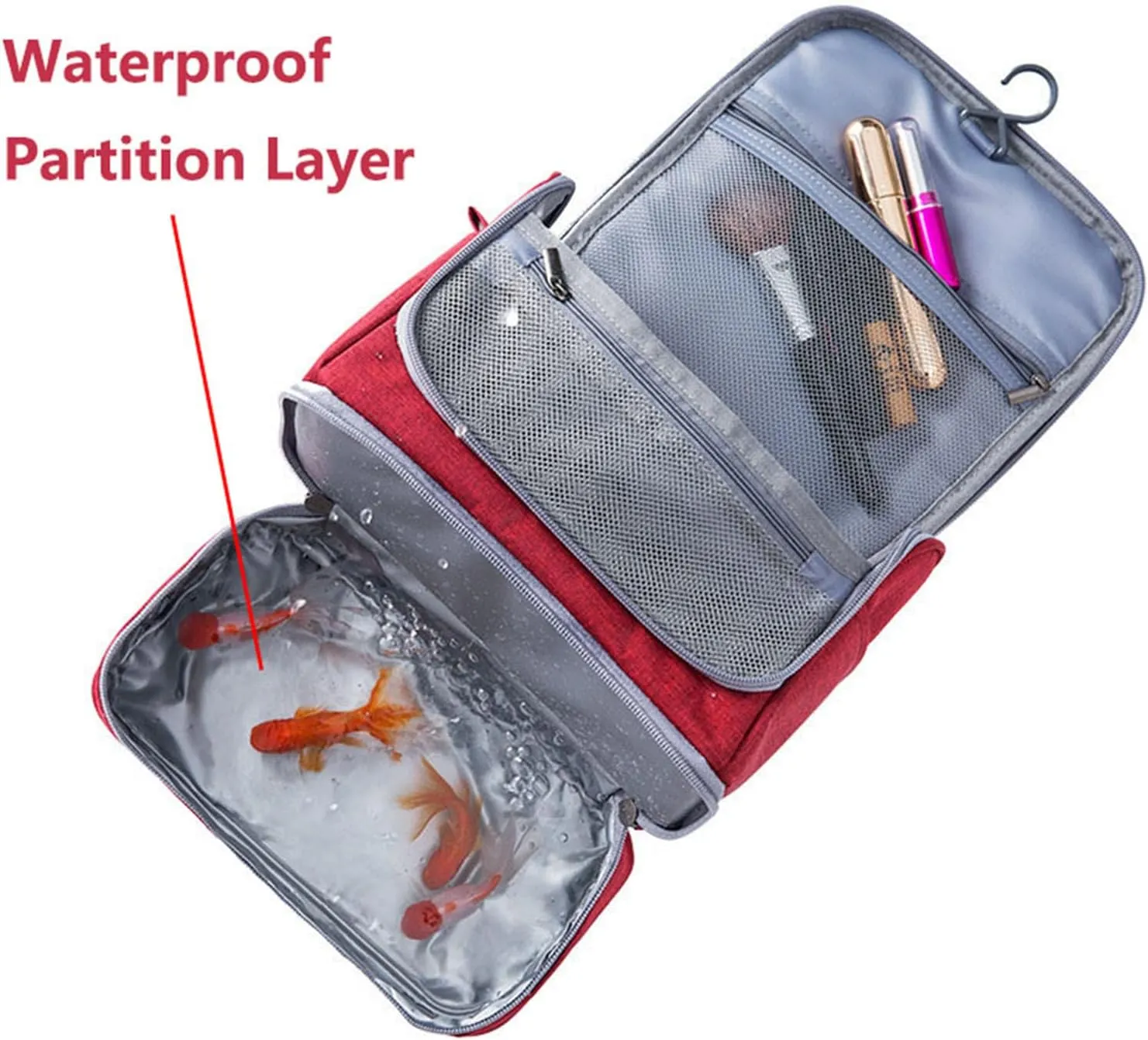 Waterproof Travel Toiletry Bag with Dry Wet Separation Hanging Organizer 8.2" H x 6.6" L Portable Shower Gym Essentials Storage (Red)