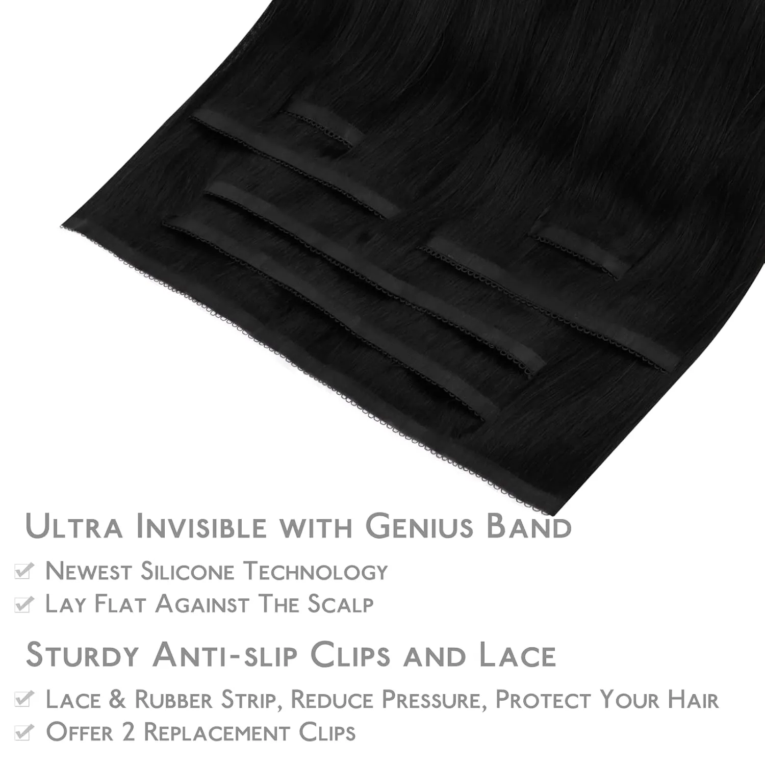 WENNALIFE Genius Seamless Clip-in Hair Extensions - 7pcs Ultra Invisible, 50% Thinner, Jet Black Real Human Hair
