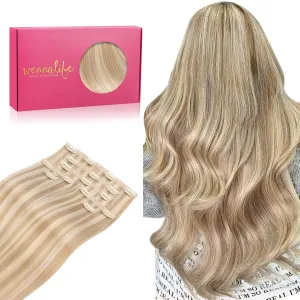 WENNALIFE Genius Seamless Clip in Hair Extensions Human Hair 7pcs Ultra Invisible 50% Thinner Seamless Hair Extensions Clip In Dirty Blonde Highlighted Bleach Blonde Real Human Hair