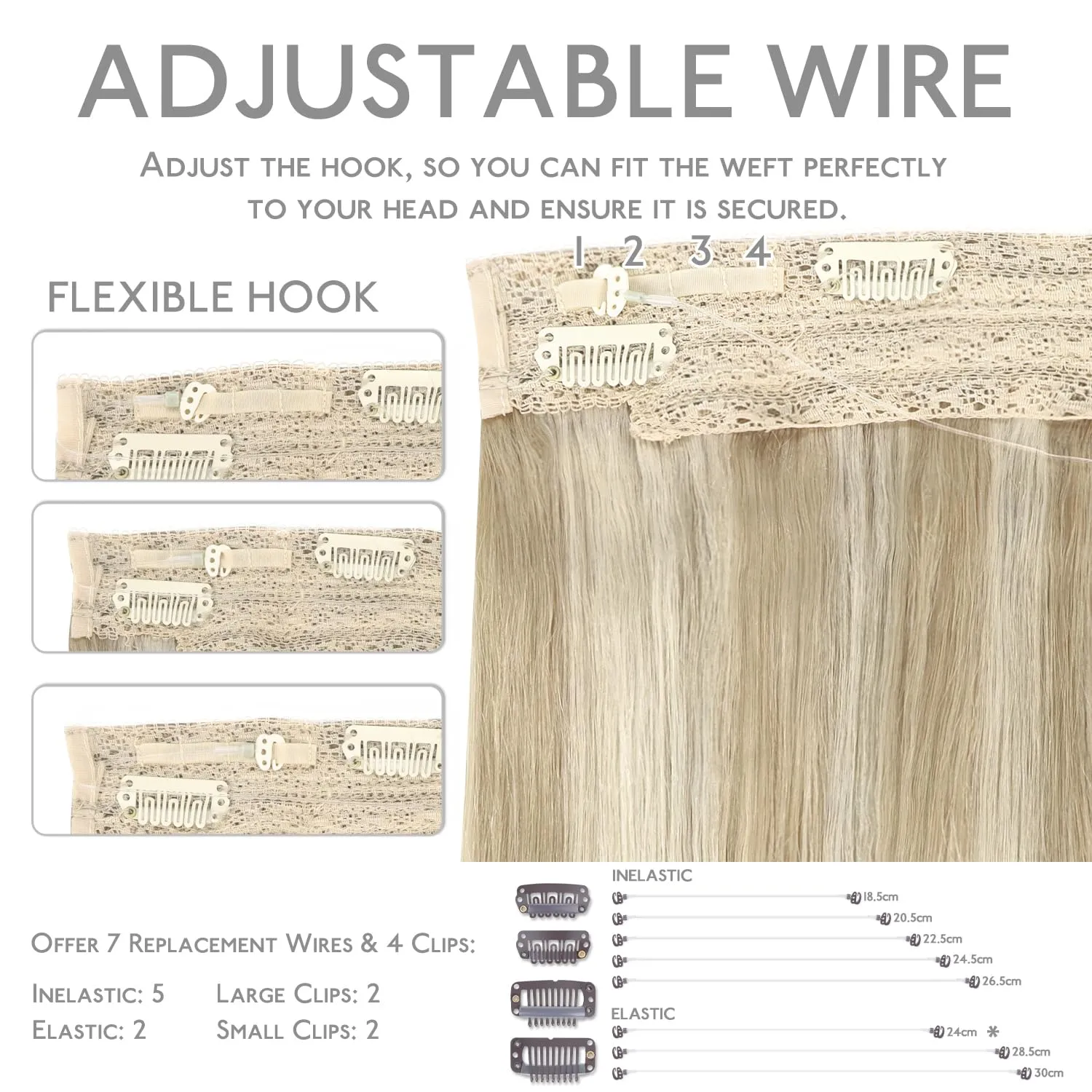 WENNALIFE Real Human Hair Wire Extensions - 22 Inch, 150g, Dirty Blonde Highlighted With Bleach Blonde - Remy Invisible Fish Line Extension (50% Increased Lifespan)