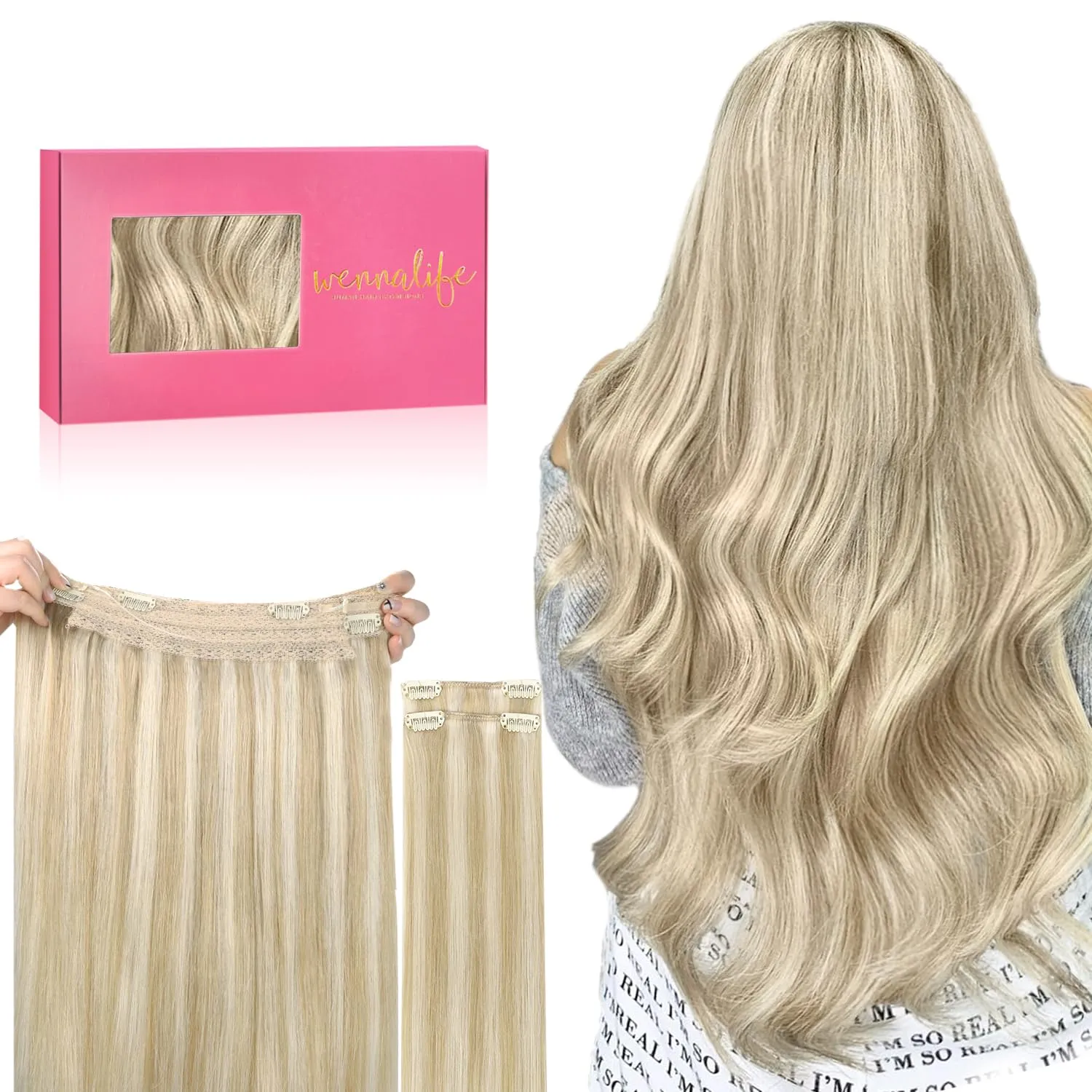 WENNALIFE Real Human Hair Wire Extensions - 22 Inch, 150g, Dirty Blonde Highlighted With Bleach Blonde - Remy Invisible Fish Line Extension (50% Increased Lifespan)