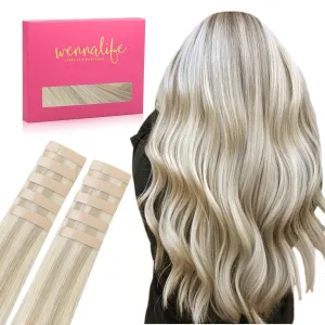 WENNALIFE Tape in Hair Extensions Human Hair Ash Blonde Highlighted Platinum Blonde Tape in Extensions, 10pcs 30g 24 inch Remy Invisible Tape Ins Straight Soft Real Human Hair Tape in Extensions